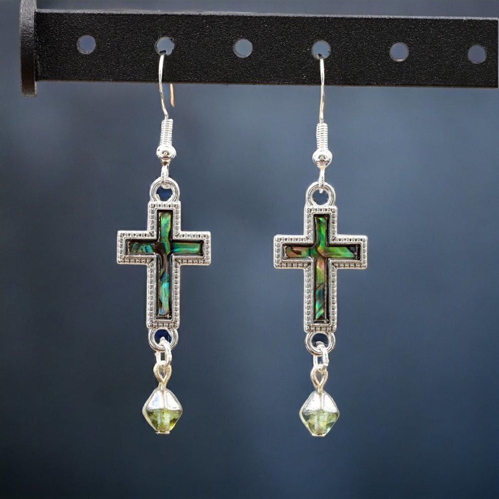 Abalone Cross Drop Earrings Silver Green | Handmade - Picture 5 of 6